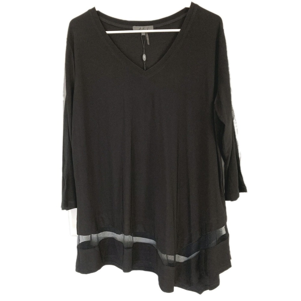 Alisha.d Blouse Women XL VNeck Mesh Sheer Asym Hem Insert 3/4 Sleeve Tunic NWT